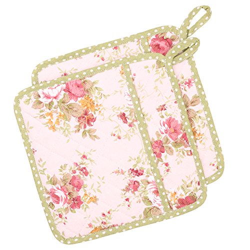 NEOVIVA Quilted Pot Holder Set of 2 for Daily Kitchen Heat Resistant Hanging Pot Holder with Pocket for Easy Grip Floral Quartz Pink
