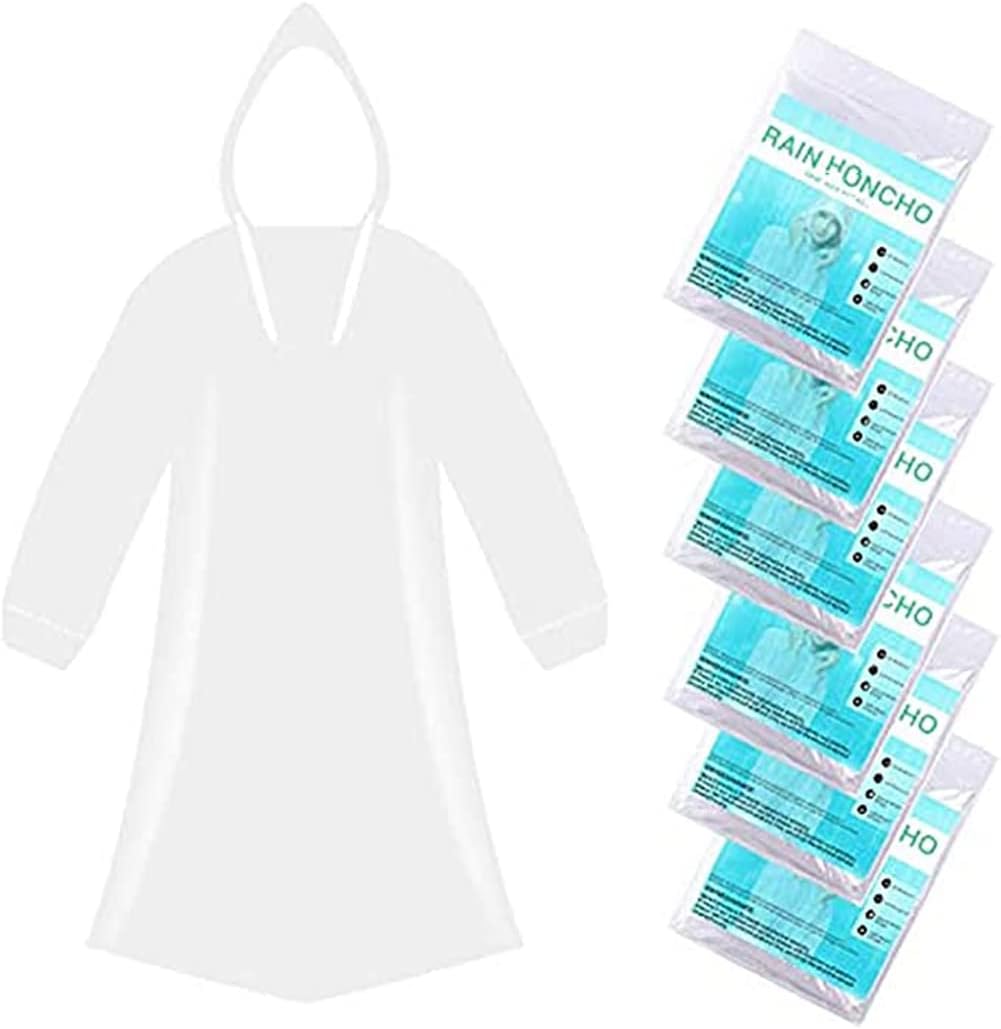 6 Pack Disposable Rain Ponchos - One Size Rain Poncho Waterproof Emergency Raincoats Rain Poncho Adult Rain Coats With Hood and Sleeves Ideal for Festivals, Camping, Fishing, Theme Parks