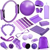 Halloscume 24 Pcs Pilates Kit, Home Pilate Equipment for Women, Pilates Ring and Ball Set with Stretching Strap, Water Bottle, Magic Circle, Yoga Ring, Gym Bag, Resistance Band, Anti Slip Sock(Purple)
