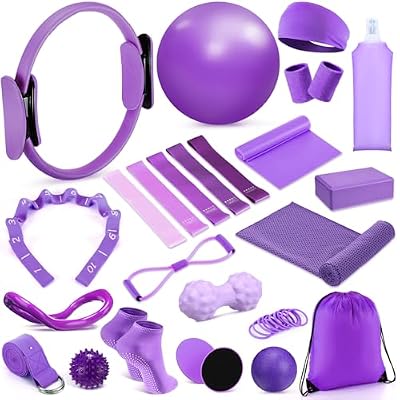 Halloscume 24 Pcs Pilates Kit, Home Pilate Equipment for Women, Pilates Ring and Ball Set with Stretching Strap, Water Bottle, Magic Circle, Yoga Ring, Gym Bag, Resistance Band, Anti Slip Sock(Purple)