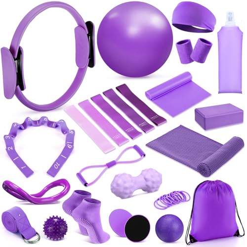 24 Pcs Home Pilates Essentials Kit for Women, Pilates Equipment Ring and Ball Set with Stretching Strap, Water Bottle, Magic Circle, Yoga Ring, Gym Bag, Resistance Band, Anti Slip Socks(Purple)
