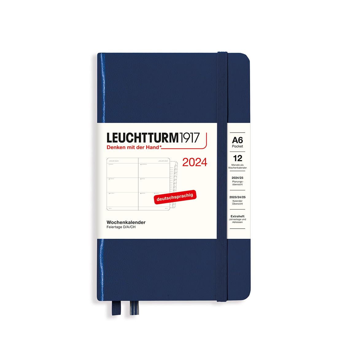 LEUCHTTURM1917 367627 Weekly Planner Pocket (A6) 2024 with Extra Book for Addresses and Anniversaries, Navy, German, 12 Months