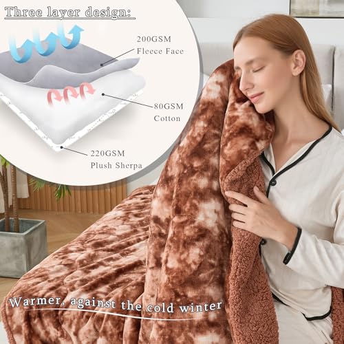 CHOSHOME Sherpa Fleece Blanket- Thick Warm Blanket for Winter, Soft Fuzzy Plush Blanket for Bed, Couch, Travel (Tie Dye Brown, Queen 90" x 90")