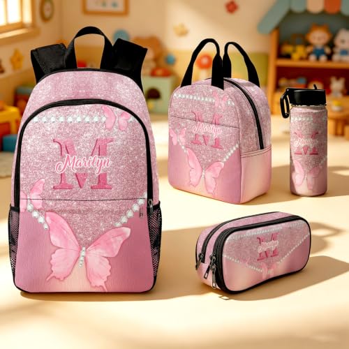 Image of Custom Backpack for Girls Personalized Backpacks with Lunch Bag Kids Set | Back to School Kid Toddler Backpack Girl Book Bag Prek Kindergarten Preschool Daypack Birthday Gifts Pink Butterfly