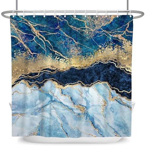 MIRRORANG Marble Shower Curtain - Navy Blue and Gold Cover