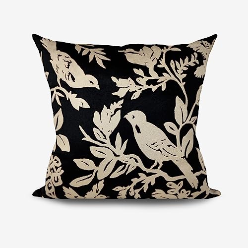 Image of Birds Designer Velvet Cushion Cover | Decorative Cushion Cover | Modern & Trendy | for Sofa Chair Bedroom | Set of 1 (16 x 16 Inch, Black & Biege)