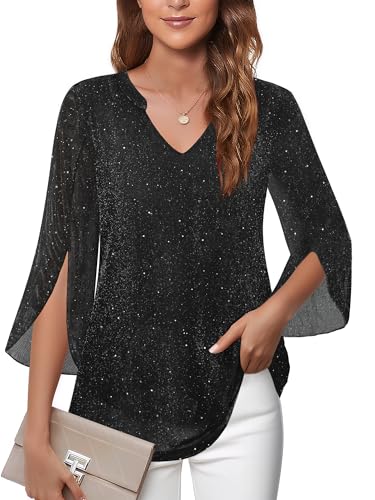 Tencole Womens 3/4 Ruffle Sleeve Sparkly Tops Sequin V Neck Blouses Dressy Casual Fall Shirts4