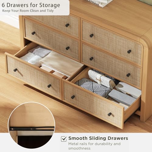 Image of Oak&Sparrow 6 Drawer Dresser for Bedroom, 49'' Rattan Dresser with Ample Storage, Boho Chest of Drawers, Thickened Curved Profile Design, Oak Dressers for Bedroom, Living Room
