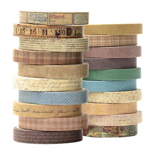 BINKUOMCG 20 Rolls Vintage Washi Tapes 7mm Wide Retro Arts Decorative Tape Antique Patterns Masking Tape for DIY Scrapbooking Planners Journaling Gift Wrapping (Colorful)