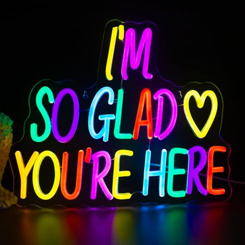 Image of I'm So Glad You're Here Neon Sign, Letter Neon Signs for Wall Decor Dimmable Light up Sign, Classroom Wedding Kids Room Store Home Neon Decor 14.17 x 12.2 inch