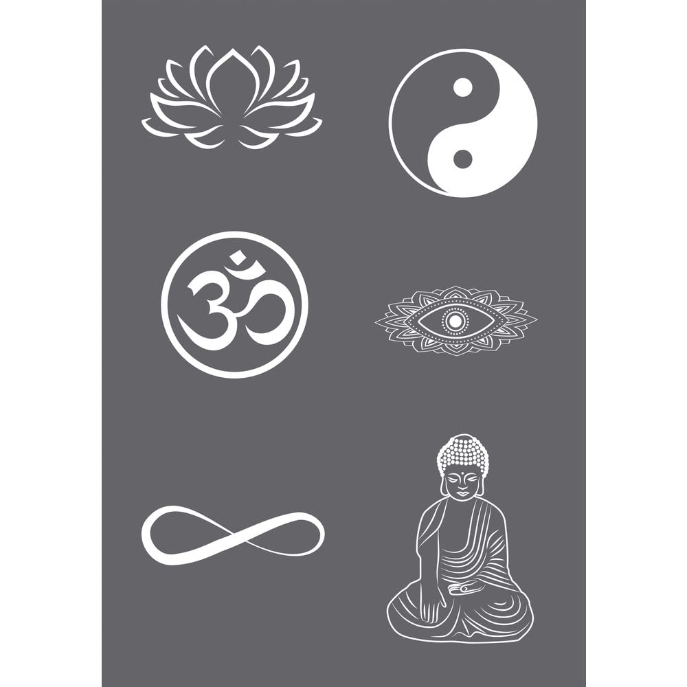 Rayher Colourless 45136000 Set Of Mask Stencil And Craft Squeegee For Paper Crafts, Card Making And Painting, Reusable Silk Screen Template With Buddha And Yoga Themed Symbols, 14.8X21cm