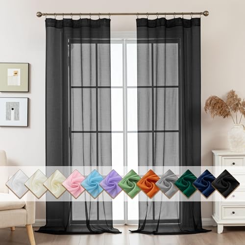 Image of Black Sheer Curtains 96 Inches Long, Privacy Semi Sheer Curtains for Living Room Bedroom, Light Filtering Rod Pocket Voile Window Drapes 2 Panels Set, Each 42 inch W x 96 inch L