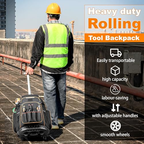 Tool Backpack Bag With Wheel, Heavy Duty Rolling Tool Backpack Hvac On Wheel Tool Bag For Men, For Electrician Construction Work Jobsite, Large Tool Organizer Men With Molded Base & Combination Lock
