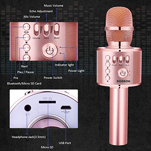 Bonaok Wireless Bluetooth Karaoke Microphone, 3-In-1 Portable Handheld Mic Speaker Machine For All Smartphones,Gifts To Girls Kids Adults All Age Q37(Champagne) #TOP6