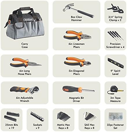 VonHaus Tool Set - 92pcs Tool Kits for Home DIY Tasks - Household Tool Kit for Beginners - Includes Wrench, Hammer, Sockets, Screwdriver and More - Home Tool Kit Set and Durable Carry Bag