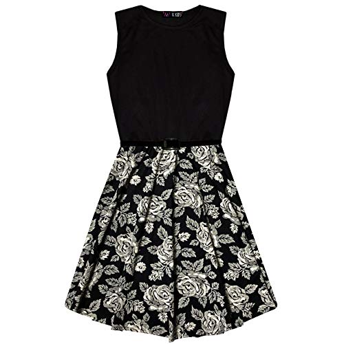 Image of A2Z 4 Kids Girls Floral Contrast - Skater Dress Floral Panel Black 7-8