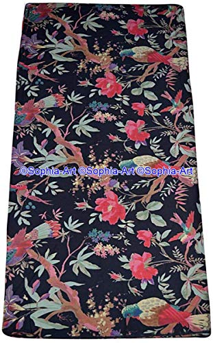 Image of Indian Hand-Block Printed Jaipuri Print Tropical Paisley Floral Ethnic Sanganer Kurti Print Cotton Fabric (Black Bird, 3 Yards)