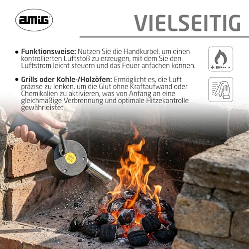 Amig - Handgebläse für Grill - 25 cm - Edelstahl - Luftkontrolle für Grill, Kamin und Glut - Tragbares Format - Mod. AM13