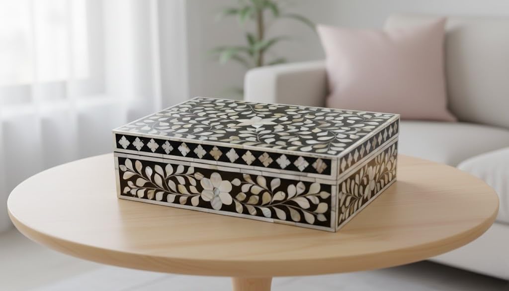 Decorative Wooden Storage Box with Mother of Pearl Inlay – Elegant Floral Design – Perfect for Home Décor in Living Room, Dining Area, or Bedroom (Black, 12x8x5 inches)