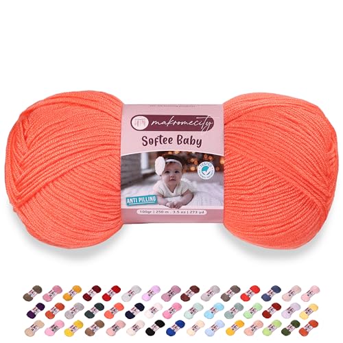 Image of Makromecity Softee Baby Yarn,%100 Premium Anti-Pilling Acrylic, 3.5 Oz, 273 yd (100gr /250 mt), Neon Orange Soft Yarn for Crocheting and Knitting (Neon Orange, 1 Skein)