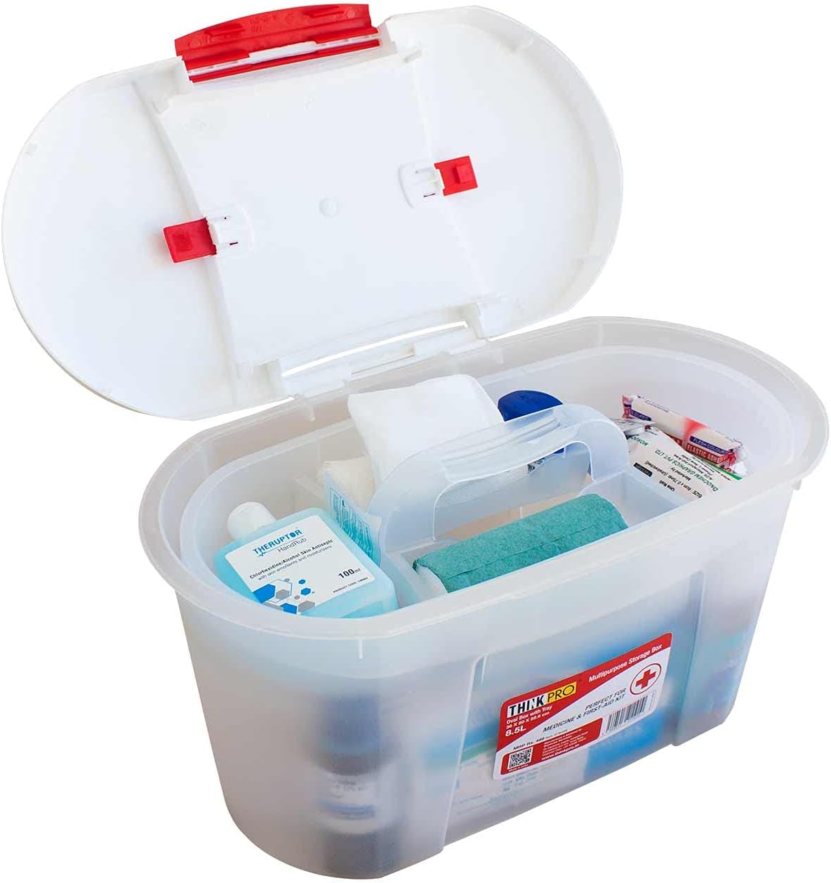 ThinkPro Oval Shaped Portable Medicine Storage Box, First Aid Storage Box with Sturdy Lid and Easy to Organize Detachable Tray for use in Home, Office, Factory, Car (8.5 L, Clear, Red)