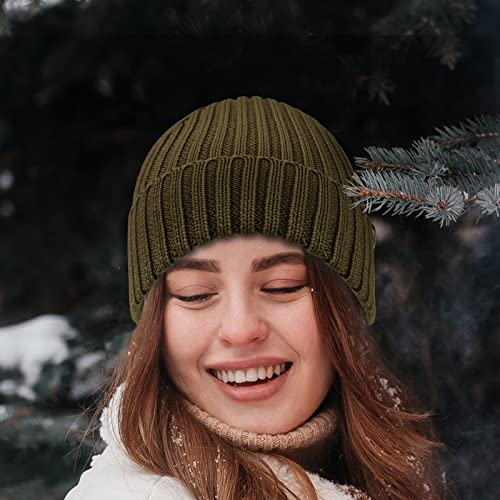 Outdoor Shaping Merino Wool Beanie For Men & Women, Unisex Daily Cuffed Plain Knit Hat, Soft Warm Winter Hat, Army Green, One Size #TOP4