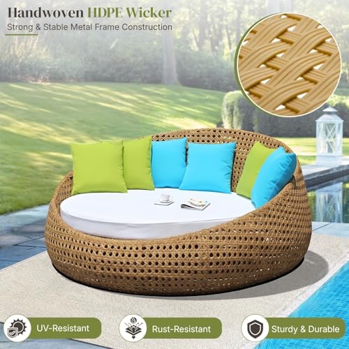 Image of DEVOKO Outdoor Double Seater Wicker Patio Weatherproof Daybed with Water-Resistant Cushions Furniture for Poolside,Garden,Balcony,Terrace(Honey Wicker & White Cushion)