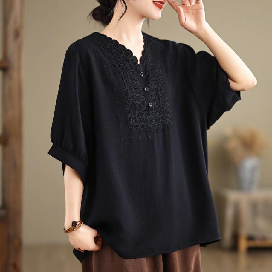 Image of Sidhidata Cotton Blend Embroidered Oversized Loose Fit Stylish Western Short Top for Women's /Girls