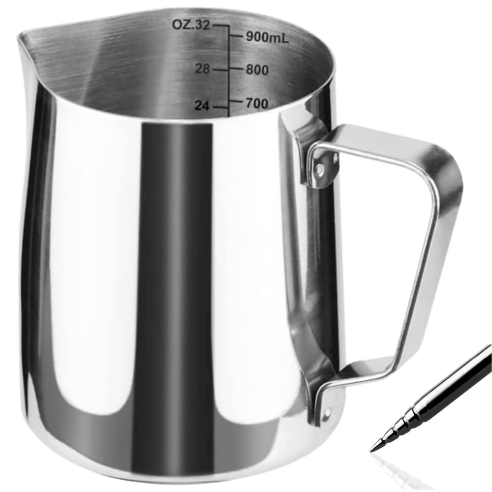 HomepixiMilk Frothing Pitcher with Coffee Art Needle, 304 Stainless Steel Espresso Coffee Pitcher with Coffee Art Pen (900ML)