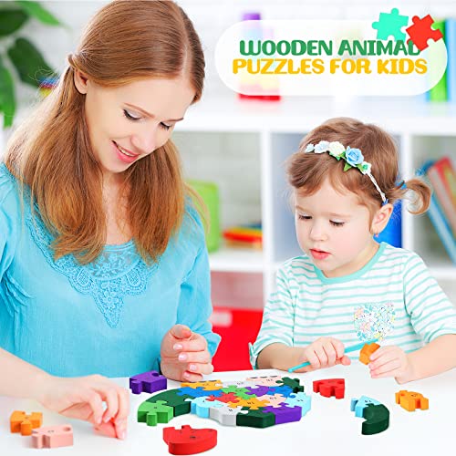 Image of Yunsailing 4 Pcs Wooden Animal Puzzles for Kids, Double Sided Snake Jigsaw with Alphabet & Numbers for Preschool Toddler Learning Educational Activities(Snake, Dinosaur, Elephant, Snail)