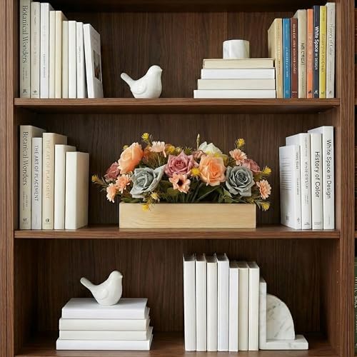 Image of Dekorly Artificial Rose Flower Arrangement with Wooden Planter (24 CM) | Premium Realistic Floral Decor for Table & Living Room | Stylish Indoor Decor for Living Room