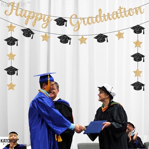 Image of Glitter Happy Graduation Banner - No DIY, Pre-Strung | Happy Graduation Sign for Grad Party Decorations 2026 | Black and Gold Graduation Decorations 2026 - Katchon