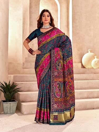 Image of Pandadi Saree Pashmina Silk Kashmiri Weaving Pallu Saree With Unstitched Blouse Piece