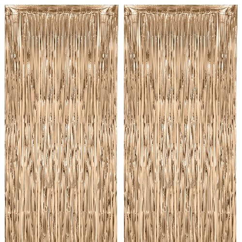 Image of Voircoloria 2 Pack Champagne Foil Fringe Backdrop Curtains, Tinsel Streamers Birthday Party Decorations, Fringe Backdrop for Graduation, Baby Shower, Gender Reveal, Disco Party