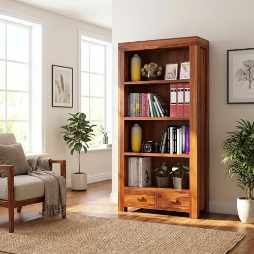 Image of Solid Wood Book Shelf with Racks Storage| Library Bookshelf | Wooden Book Cabinet Office & Home Living Room| Bookcases Furniture (Honey B)