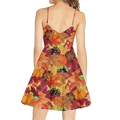 Image of Pumpkin Maple Leaf Dress Womens Happy Fall Autumn Thanksgiving Spaghetti Strap Dress Midi Flowy Backless Sun Dress for Holiday Party A Line Ruched Sundress with Adjsutable Shoulder Strap
