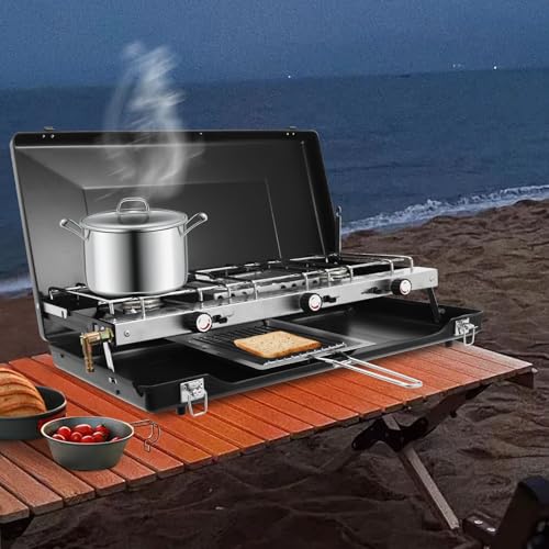 RjcdOPL Réchaud d'Extérieur Portable avec 3 Brûleurs 1500W, Pliable et Compact, Alimenté par Propane/Butane, Idéal pour Camping, Caravaning, Barbecue en Plein Air – Image 4