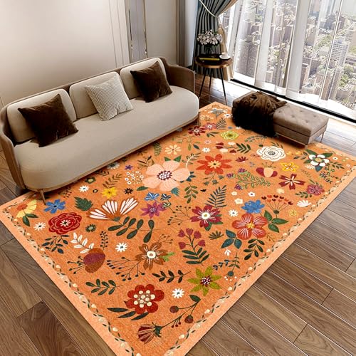 Washable Area Rugs, Floral Rug, Large Carpet for Living Room Bedroom,5'x 7',Orange