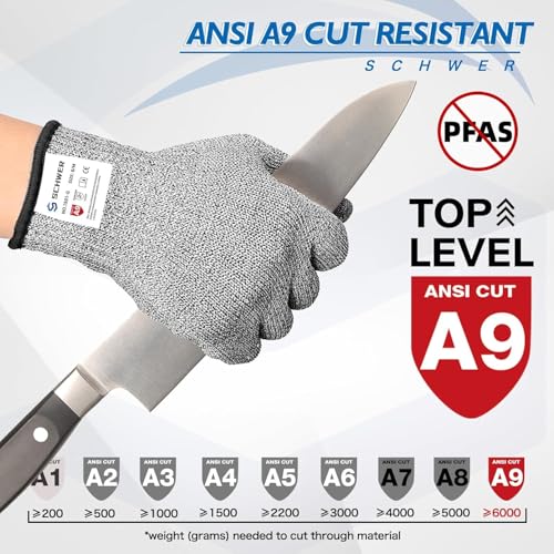 Schwer SlicePro ANSI A9 Cut Resistant Gloves, Food Grade Reliable Cutting Glove, Mandoline Gloves for Kitchen Meat Cutting, Oyster Shucking, Fish Fillet Processing, Non-PFAS, PR1501-G, L