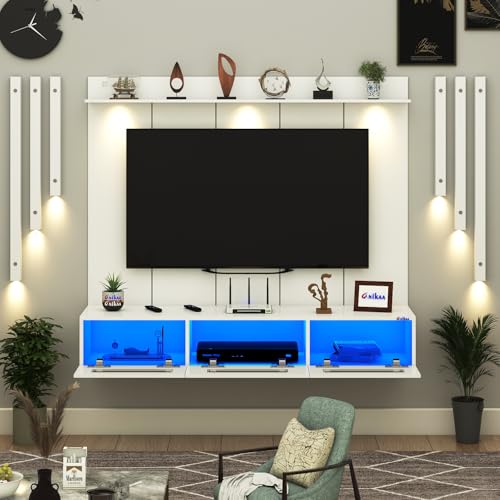 Image of Anikaa RayzaPro Engineered Wood Wall Mount TV Unit with PVC Back Panel, Acrylic Blue LED Storage Box, Side Wooden Accent Spot Light Panels I Deal for Up to 50 Inch TV (White - DIY Installation)