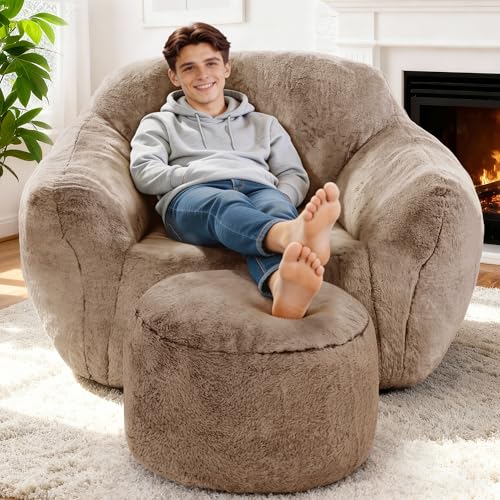 Image of Homguava Giant Bean Bag Chairs for Adults,Large Bean Bag Couch with Ottoman | Big Beanbag Chair with Memory Foam Filled,Oversized Bean Bag Sofa,Faux Fur Floor Sofa Chair for Bedroom Living Room-Khaki