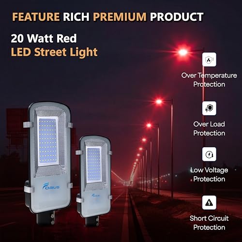 Image of Forus 20W LED Street Light with Clamp, IP66 Waterproof Outdoor LED Street Light, High Lumen 2400lm Red, Aluminium Body for Road, Parking Lot, Garden & Industrial Outdoor Lighting (1 Pc)