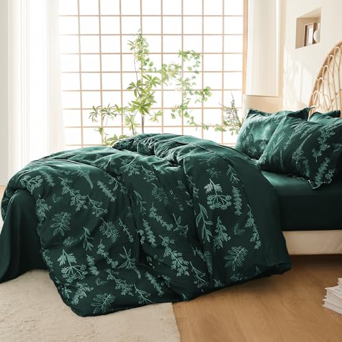 MUXHOMO Duvet Cover Full Size, Reversible Floral Forest Green Duvet Cover Set with Zipper Closure, 3 Pieces Botanical Patterns Soft Microfiber Bedding Set with 4 Ties (80"x90", 2 Pillow Cases)