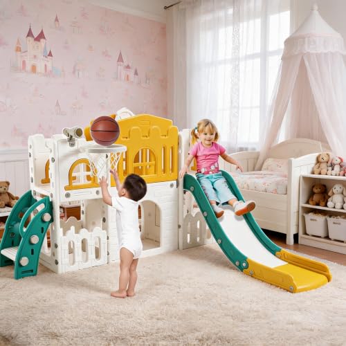 Parque Infantil Castillo 8 En 1 Con Tobogán Canasta De Baloncesto Túnel De Gateo Volante Simulado Telescopio y Escalera De Escalada 2 Almacenes Grandes Bebés 1-3 Años Uso Interior Salón ExteriorJardín