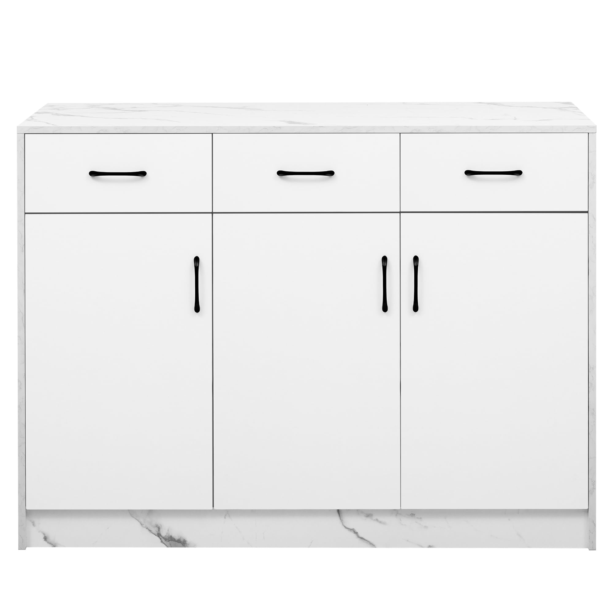 Isla de cocina 120x60x90,5cm, 3 cajones y 3 puertas, diseño de mármol blanco, estantes ajustables, cajones silenciosos, isla de cocina con superficie de trabajo, carro de cocina, diseño de área