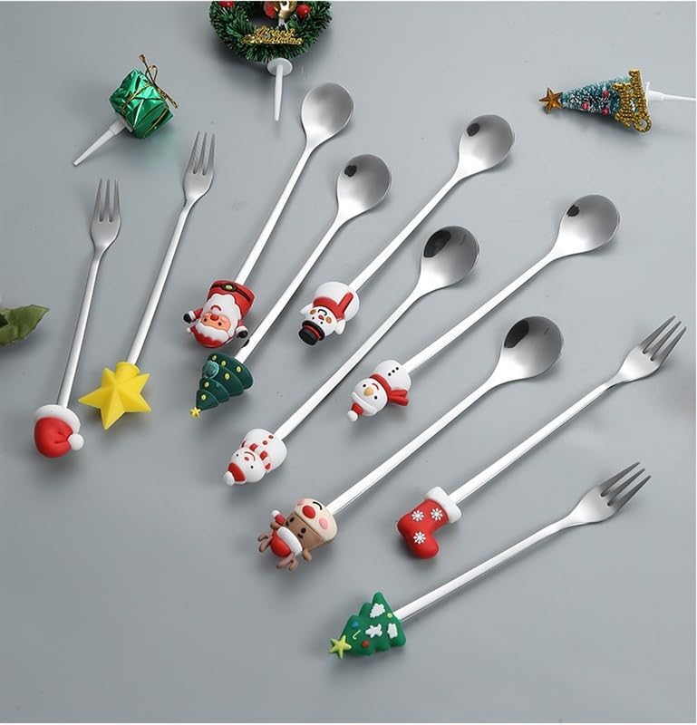 Silverware Flatware Set, Stainless Steel Dessert Spoon Christmas Cartoon Creative Gift Box(Silver,4Set)