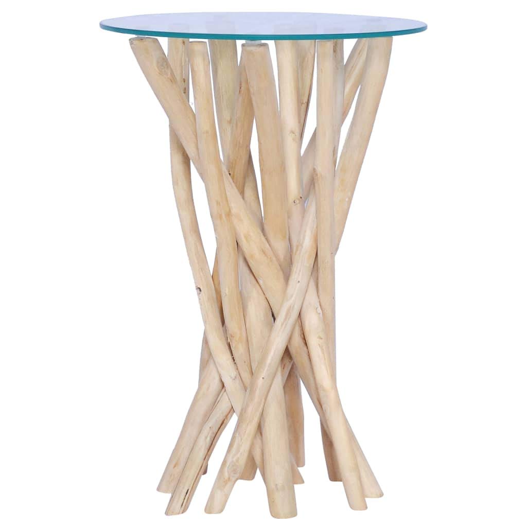 Mesa de sofá mesa de café mesa consola para salón, mesa de café con placa de cristal, 35 x 35 x 50 cm, madera maciza de teca para salón, dormitorio, estudio