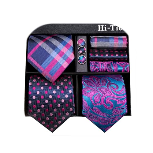 Image of Hi-Tie 3 Pcs Gift Box Mens Tie Set Necktie with Pocket Square Cufflinks Lapel Pin Silk Neck Tie Collection
