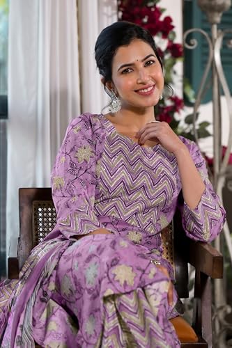 Image of MIRCHI FASHION Women's Straight Fit Pure Cotton Jaipuri Floral Printed Sequins Thread Work Kurta Set with Dupatta and Trouser