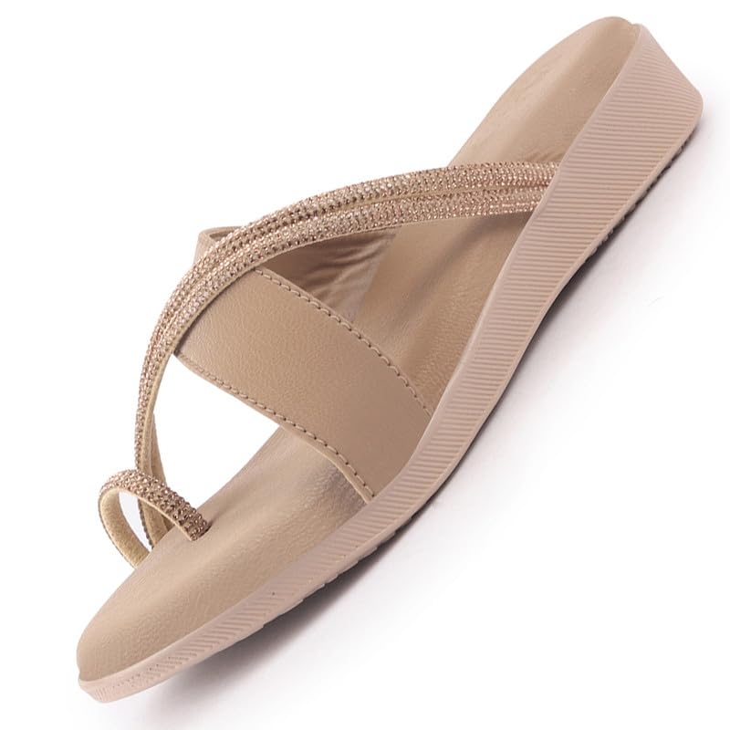 Image of FAUSTO Women Embellished Shimmery Cross Strap Toe Ring Wedding Slip On Slippers | Soft Cushioned Footbed Wedge Sandals | Party, Mehndi, Festive
